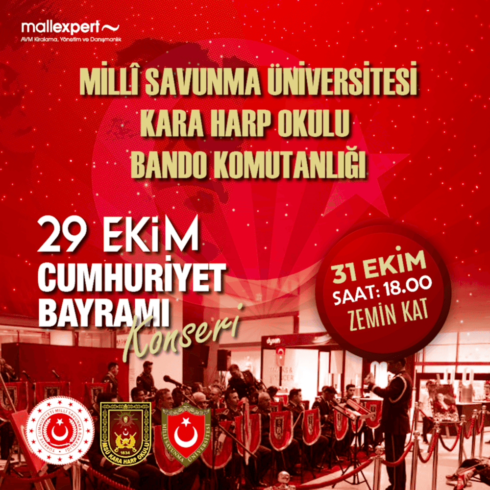 umhuriyetimizin 101. yılını Coşku İle Kutluyoruz!????????31 Ekim Perşembe günü saat 18.00’da gerçekleşecek olan “Milli Savunma Üniversitesi Kara Harp Okulu Bando Komutanlığı 29 Ekim Cumhuriyet Bayramı Konseri” Anatolium Ankara’da sizleri bekliyor!
