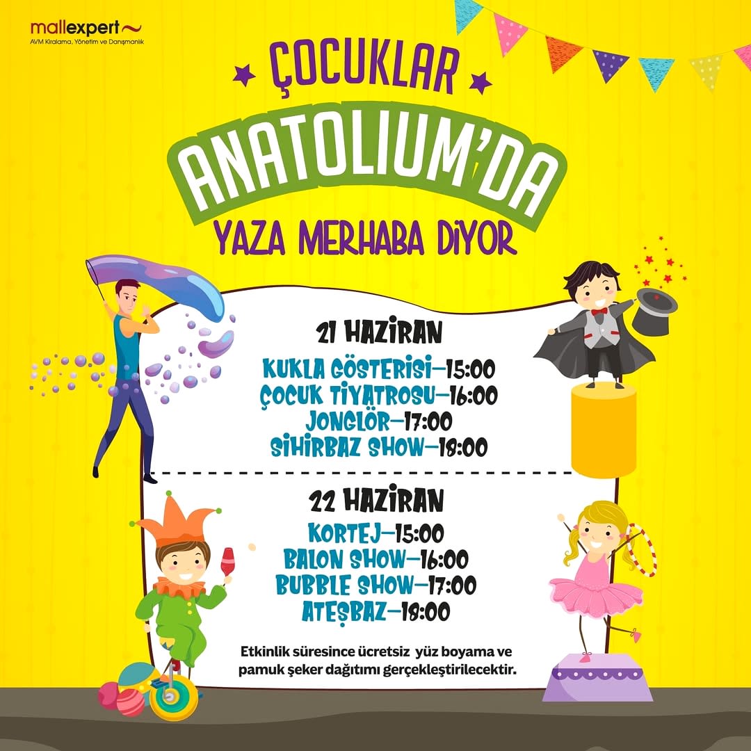 Çocuklar Anatolium’da Yaza Merhaba Diyor!☀️???? 21-22 Haziran tarihlerinde birbirinden eğlenceli etkinlikler ve yarışmalarla yazı karşılıyoruz!☀️????