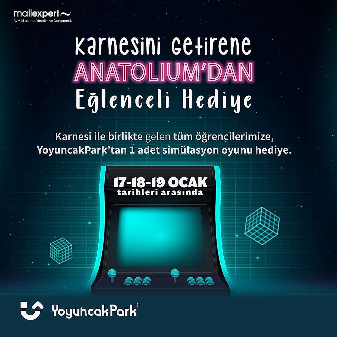 Karne Hediyeniz Anatolium Ankara’dan! 17-18-19 Ocak tarihlerinde karnesi ile birlikte gelen tüm öğrencilerimize Yoyuncak Park’ta 1 adet simülasyon oyunu hediye!????